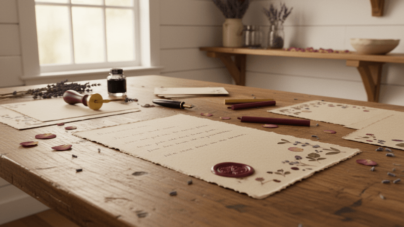 A warm, inviting papermaking workspace with botanical materials spread across a wooden table